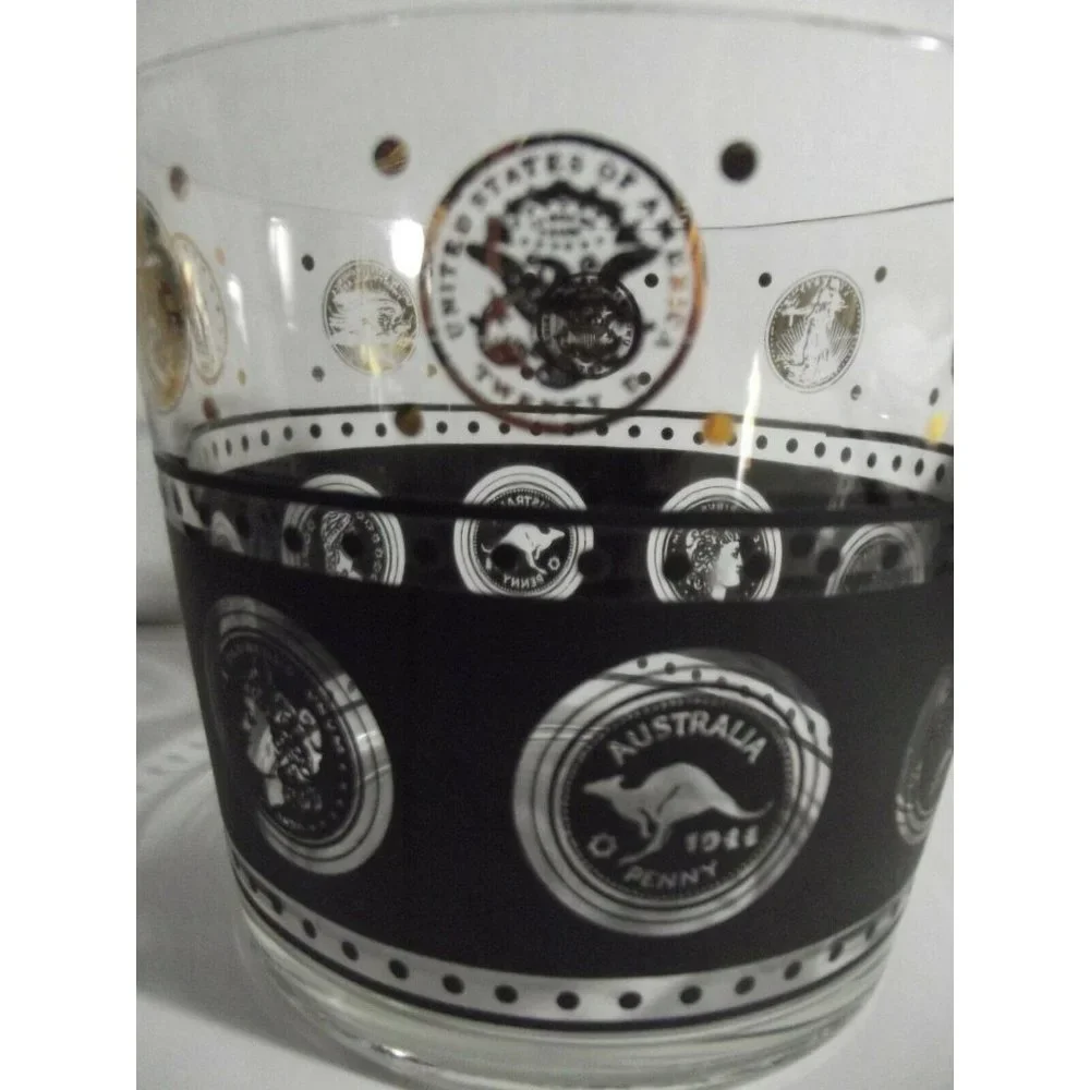 Ice Bucket Hazel Atlas MCM Vintage Black Gold World Coin Collins Glass